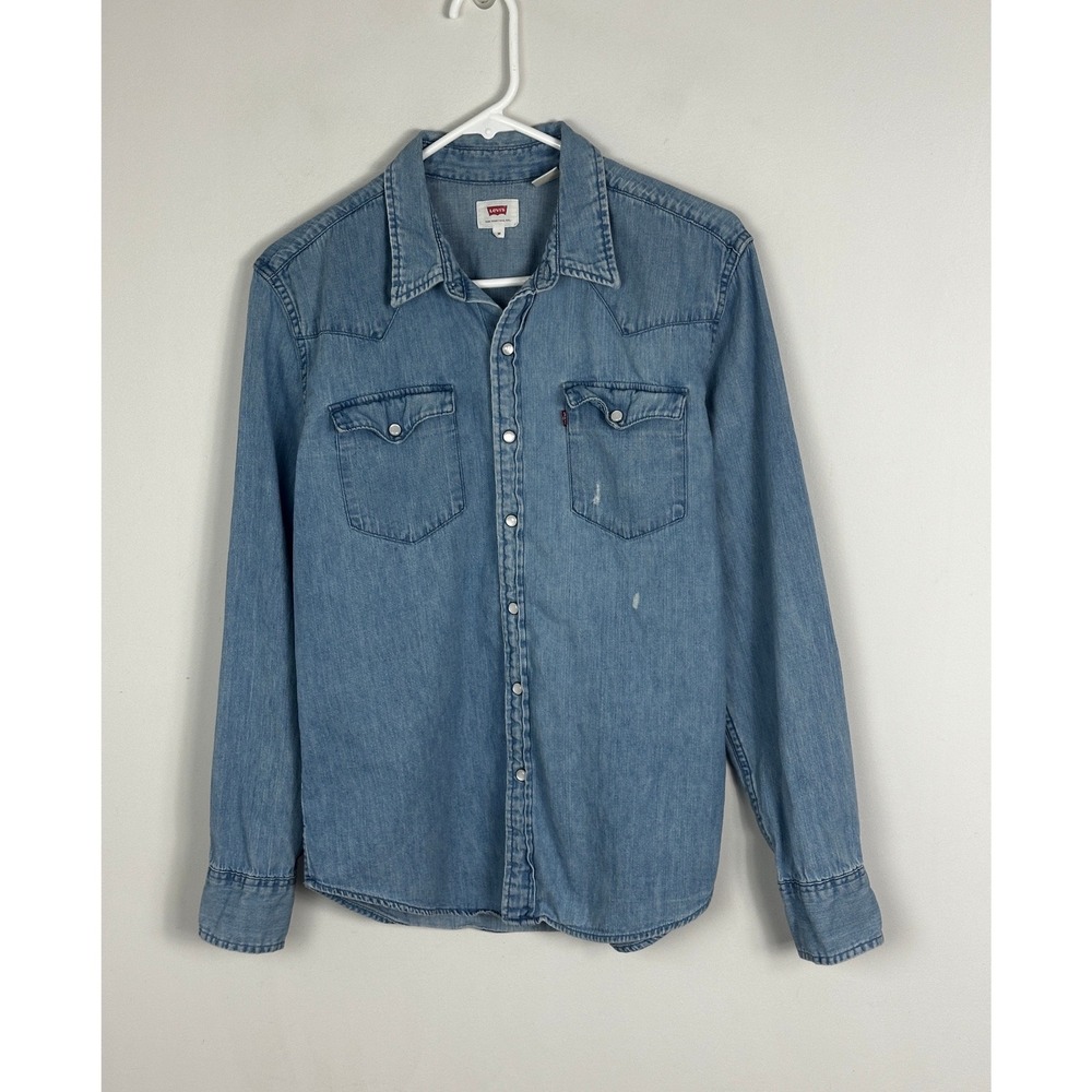 Levis Barstow Denim Western Shirt Light Blue Mens Size Medium Pearl Snap Buttons